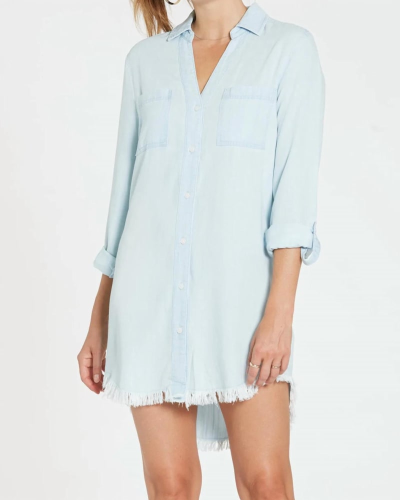 Front of a model wearing a size L Everly Button Front Dress in Denim Blue in Denim Blue by DEAR JOHN DENIM. | dia_product_style_image_id:345207
